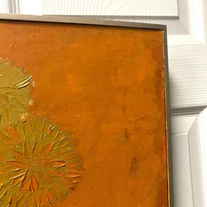 mid century orange flower painting oil on board sign hh 7685