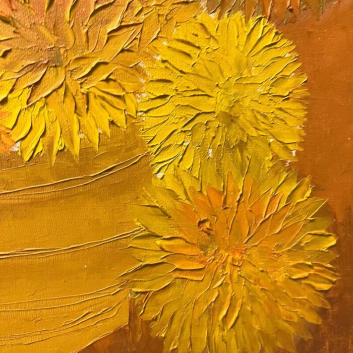 mid century orange flower painting oil on board sign hh 9310