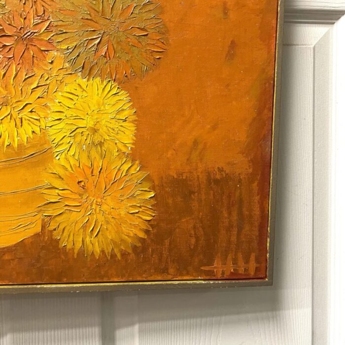 mid century orange flower painting oil on board sign hh 9335