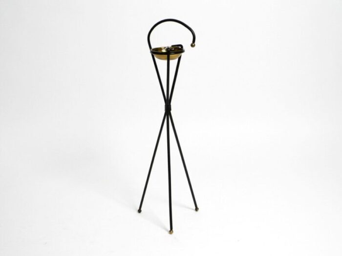 mid century tripod iron stand ashtray with brass bowl 1