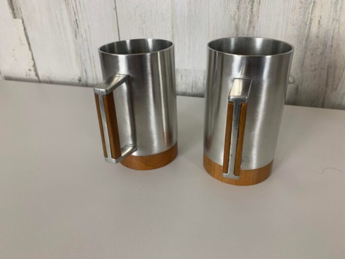 modernist pewter and teak tankard set of six 3353