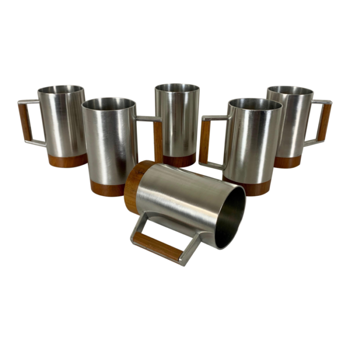 modernist pewter and teak tankard set of six 4464