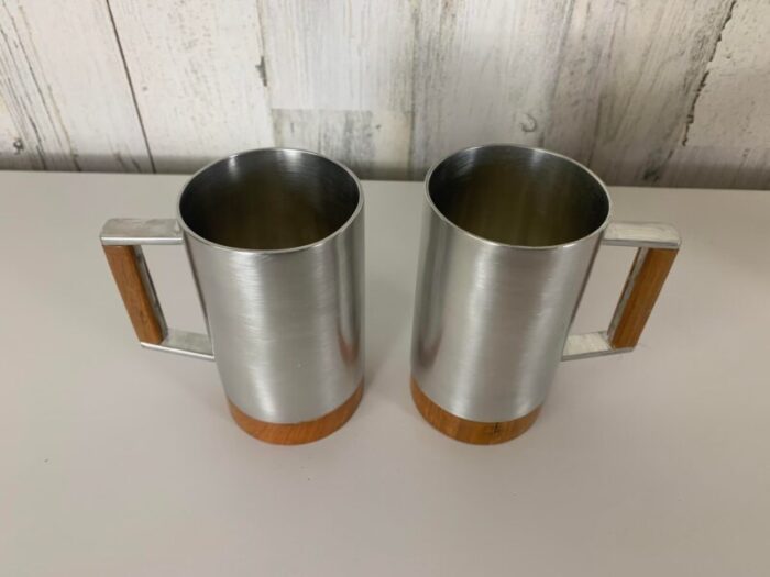 modernist pewter and teak tankard set of six 7763