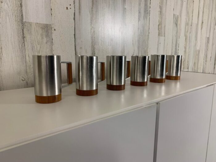 modernist pewter and teak tankard set of six 7794