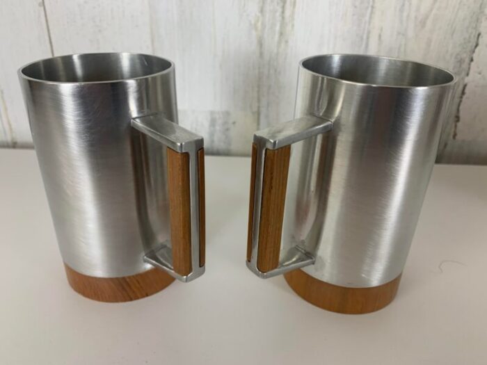 modernist pewter and teak tankard set of six 9283