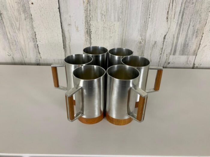 modernist pewter and teak tankard set of six 9814