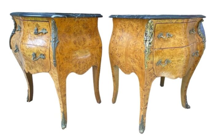 pair antique french bombe commode chests burlwood black marble top brass ormulu louis xv style gilt bronze mounted marquetry nightstands 7375