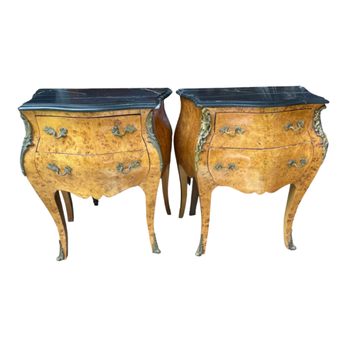 pair antique french bombe commode chests burlwood black marble top brass ormulu louis xv style gilt bronze mounted marquetry nightstands 7768