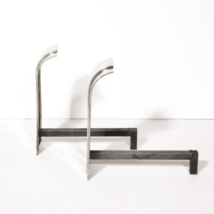 pair of mid century curved top polished nickel andirons by danny alessandro 6669