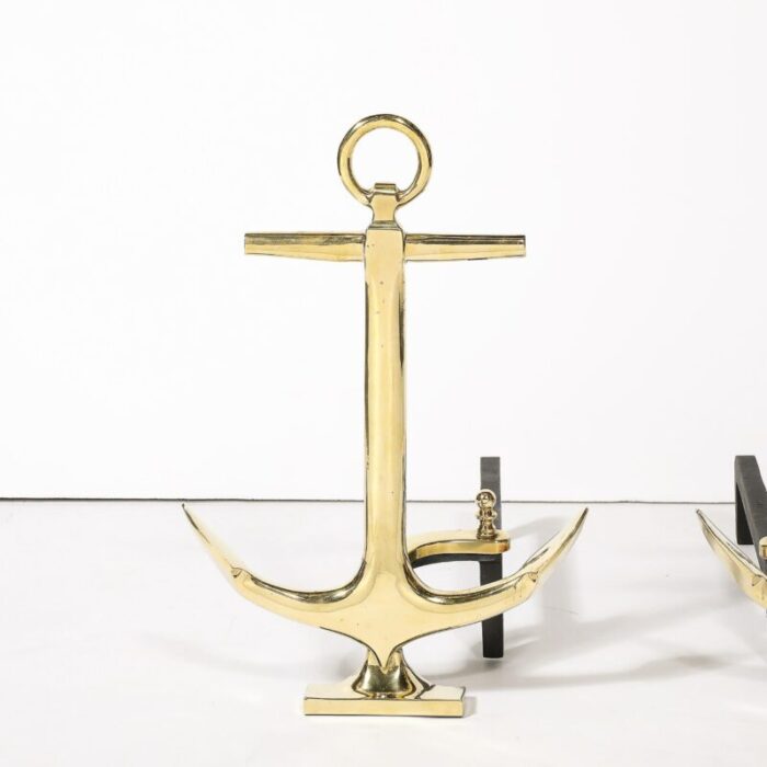 pair of mid century modernist anchor andirons in polished brass 0678