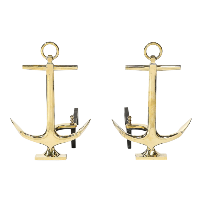 pair of mid century modernist anchor andirons in polished brass 2805