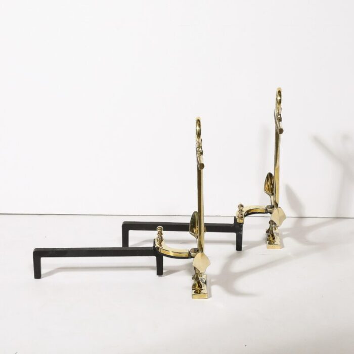 pair of mid century modernist anchor andirons in polished brass 4799