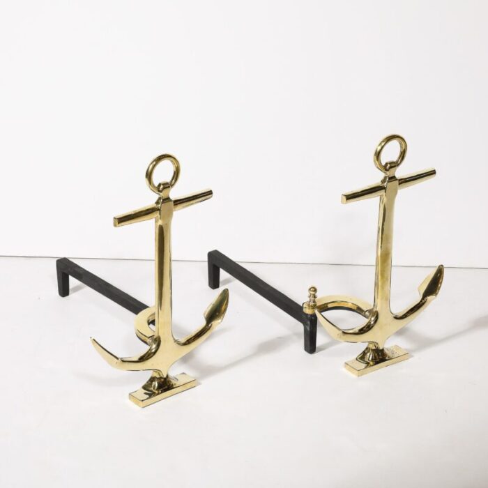 pair of mid century modernist anchor andirons in polished brass 6063