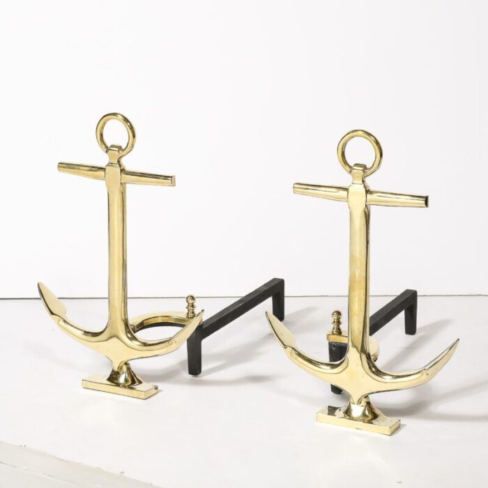 pair of mid century modernist anchor andirons in polished brass 6545