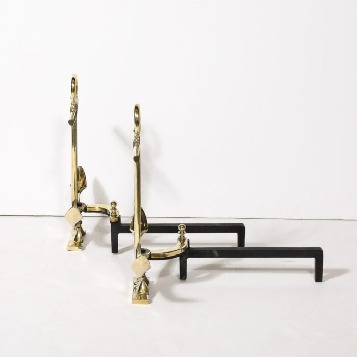 pair of mid century modernist anchor andirons in polished brass 6842