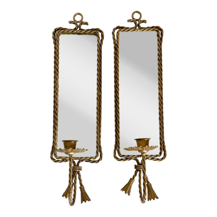 pair of mid century twisted metal figurative rope and tassel mirrored candle sconces 6525