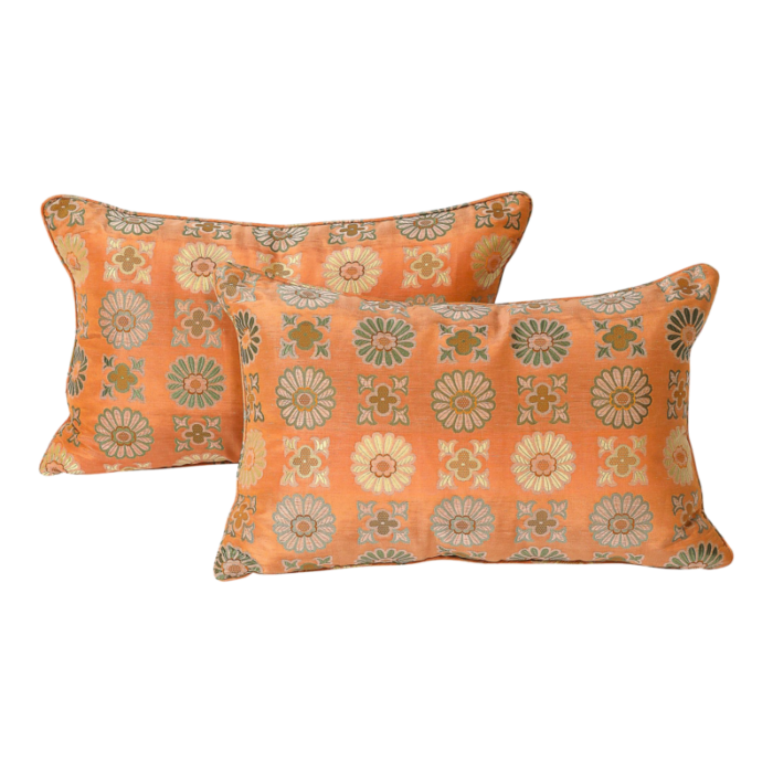 pair of silk and down stuffed pillows in orange and emerald green eastern patterning 7202