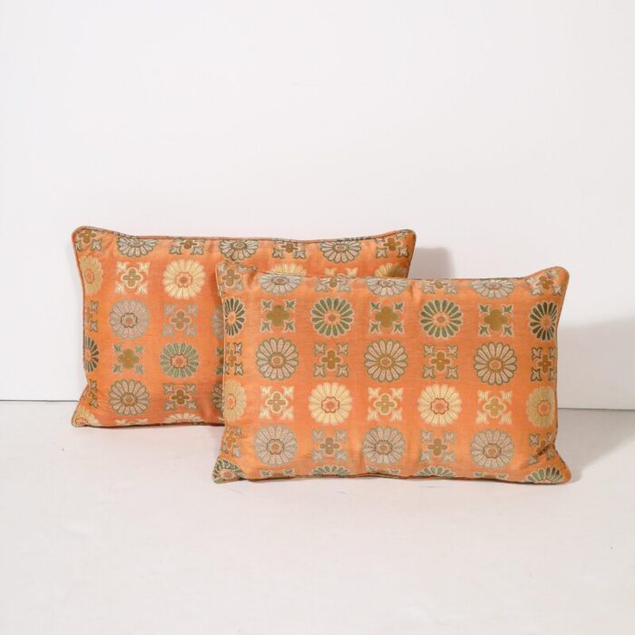 pair of silk and down stuffed pillows in orange and emerald green eastern patterning 7215