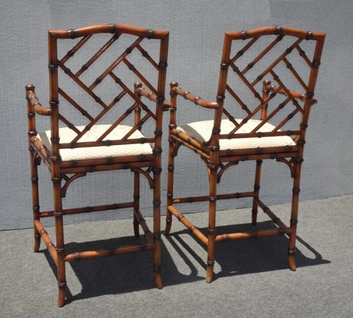 pair of vintage williams sonoma chinese chippendale bamboo barstools 0163