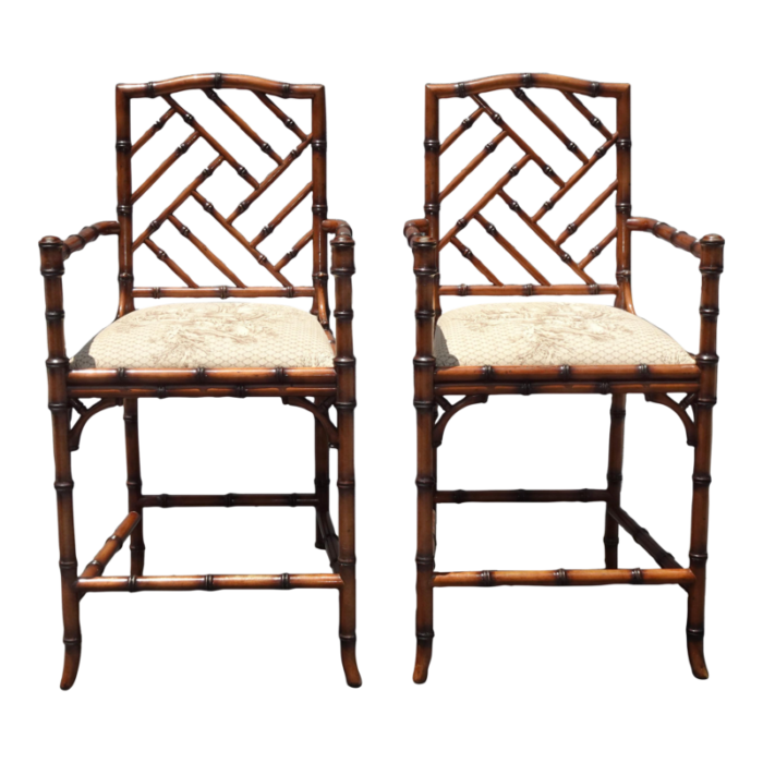 pair of vintage williams sonoma chinese chippendale bamboo barstools 5285