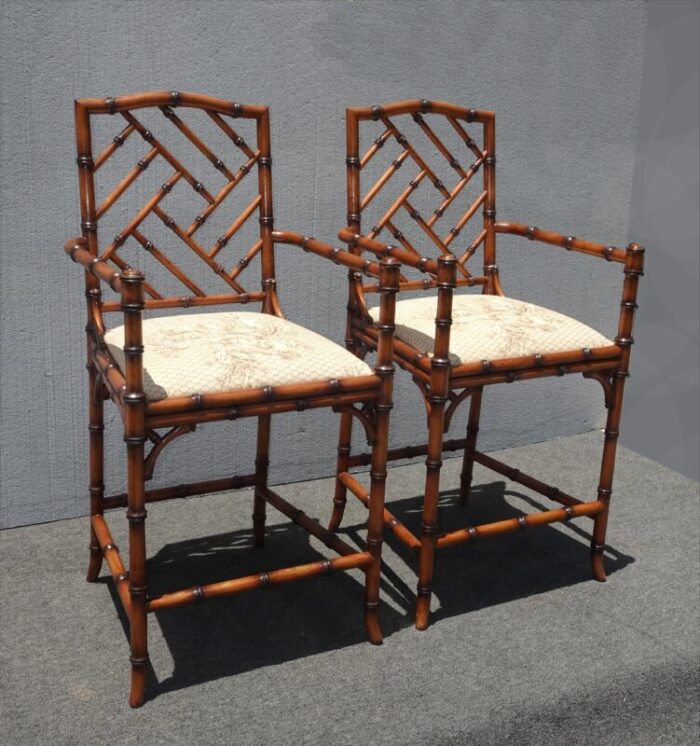 pair of vintage williams sonoma chinese chippendale bamboo barstools 8489