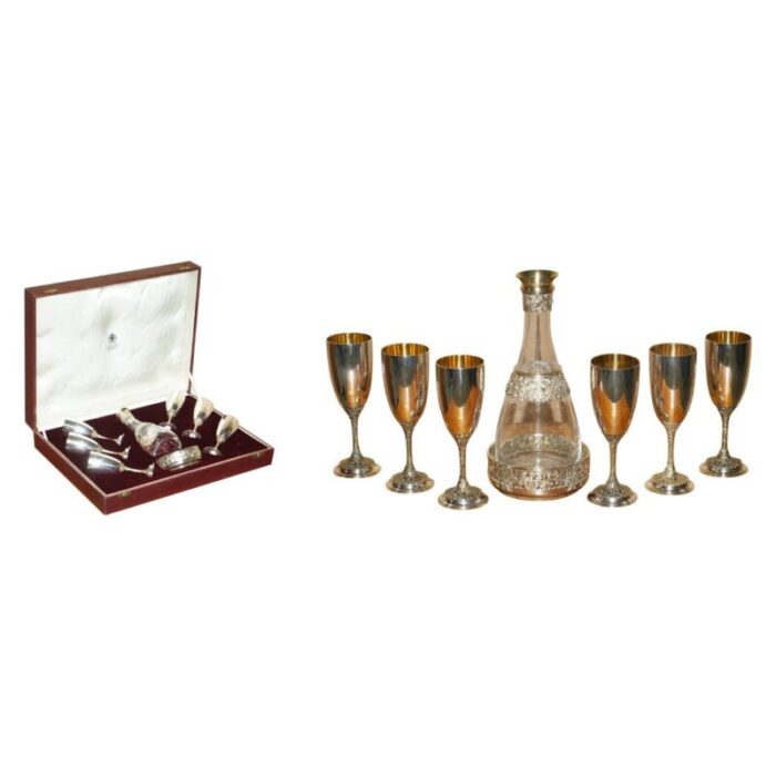 queen elizabeth ii sterling silver drinks decanter bar and goblets suite from asprey 1983 set of 7 1