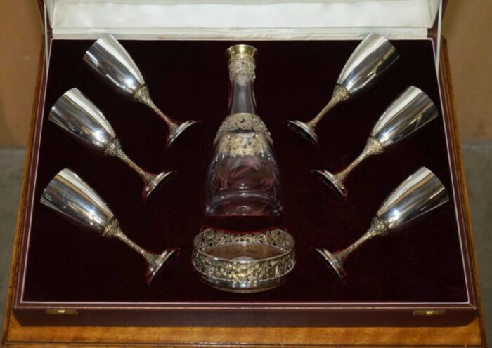 queen elizabeth ii sterling silver drinks decanter bar and goblets suite from asprey 1983 set of 7 4