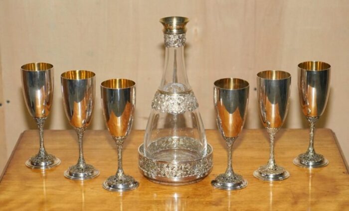 queen elizabeth ii sterling silver drinks decanter bar and goblets suite from asprey 1983 set of 7 6