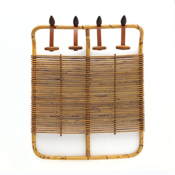 rattan and leather coat rack by tito agnoli for bonacina 1950s 1