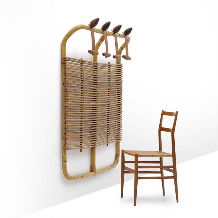 rattan and leather coat rack by tito agnoli for bonacina 1950s 13