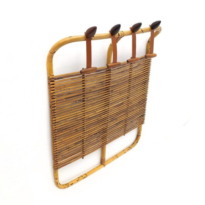 rattan and leather coat rack by tito agnoli for bonacina 1950s 2