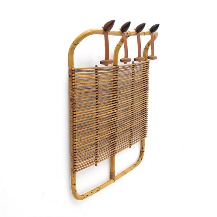 rattan and leather coat rack by tito agnoli for bonacina 1950s 3