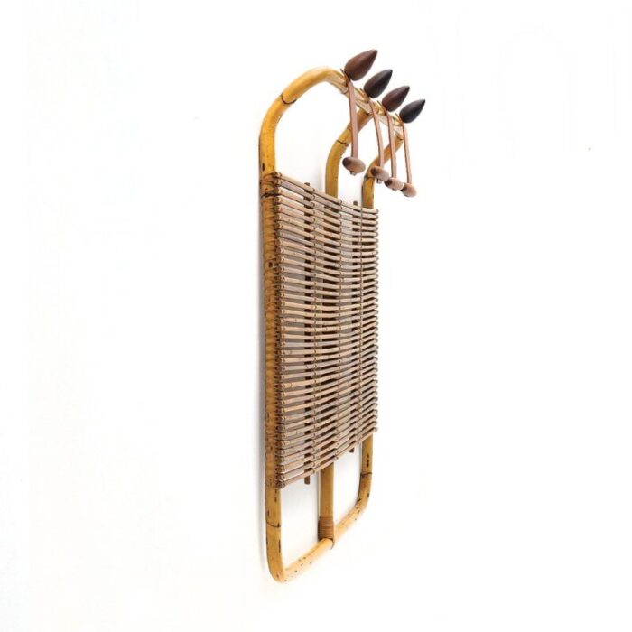 rattan and leather coat rack by tito agnoli for bonacina 1950s 4