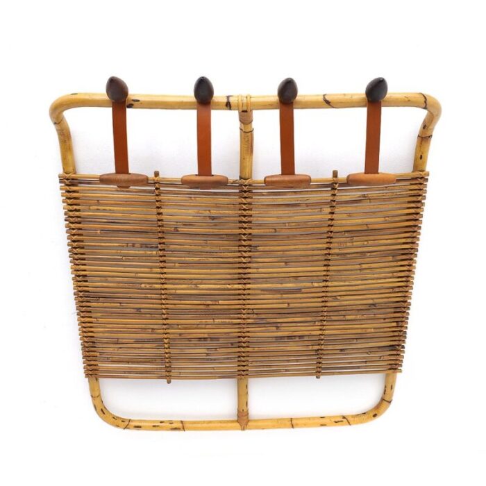 rattan and leather coat rack by tito agnoli for bonacina 1950s 5