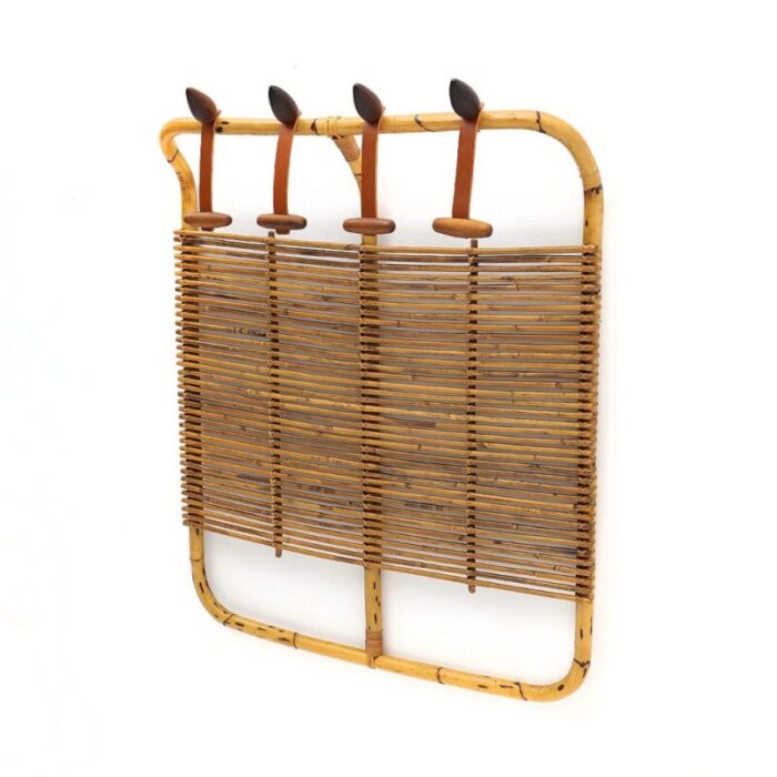 rattan and leather coat rack by tito agnoli for bonacina 1950s 6