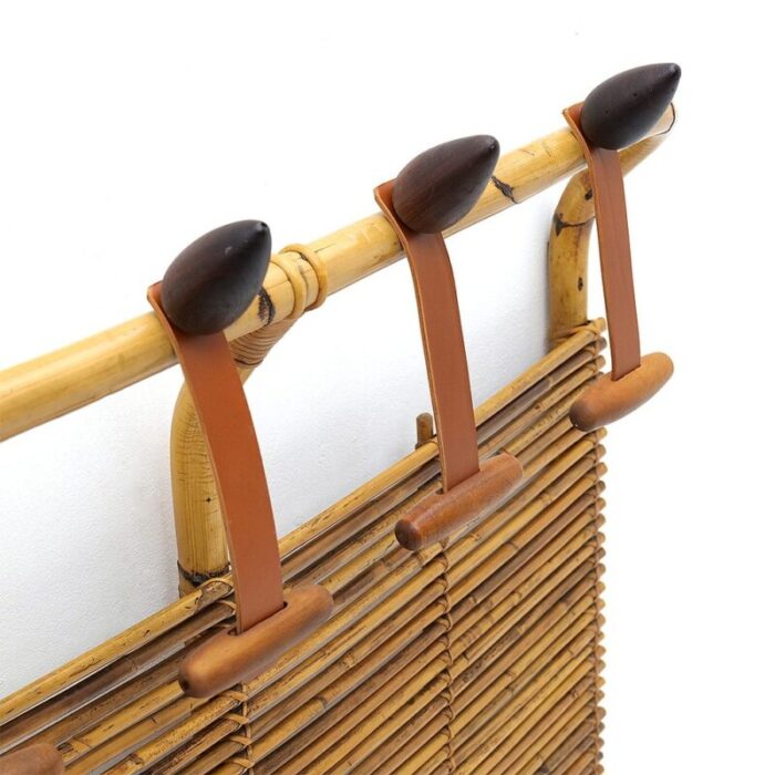 rattan and leather coat rack by tito agnoli for bonacina 1950s 7