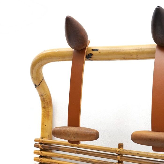 rattan and leather coat rack by tito agnoli for bonacina 1950s 8