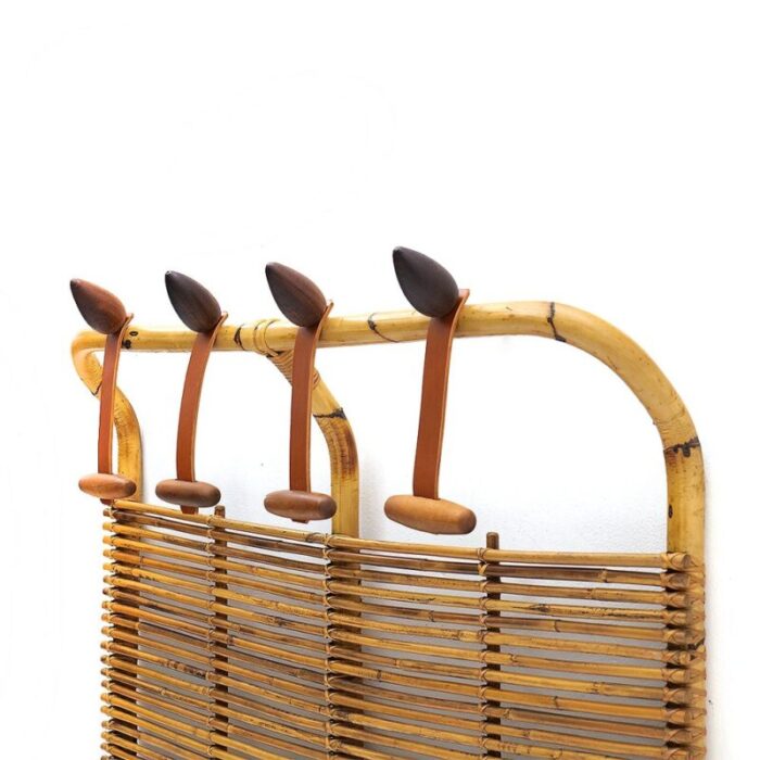 rattan and leather coat rack by tito agnoli for bonacina 1950s 9