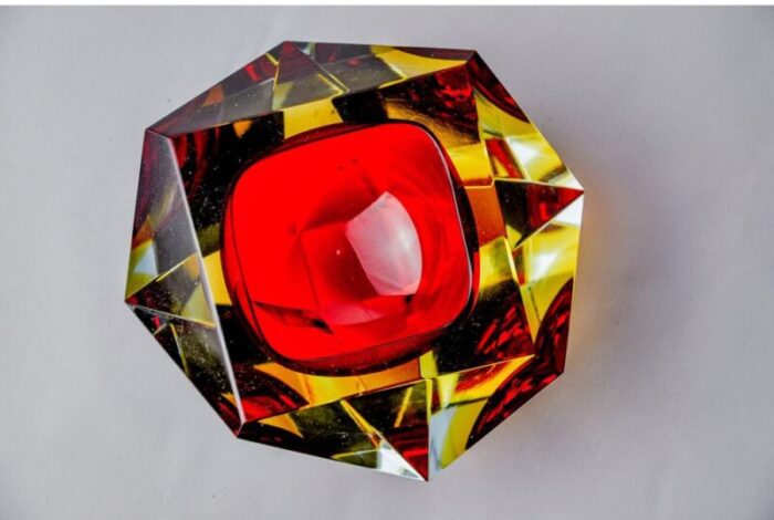 red and yellow faceted glass sommerso ashtray attributed to seguso murano italy 1970 2