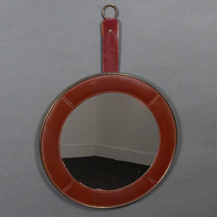 round leather mirror with adnet stitching 1960s 2