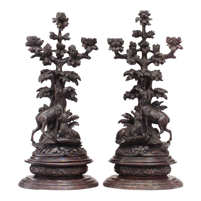 rustic black forest carved walnut candelabras a pair 3471