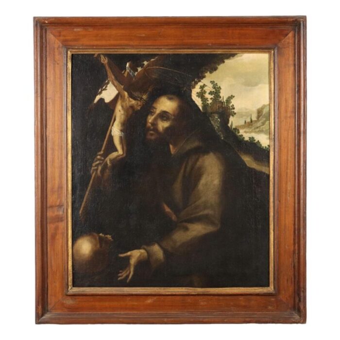 saint francis in prayer oil on canvas 1800s framed 2863