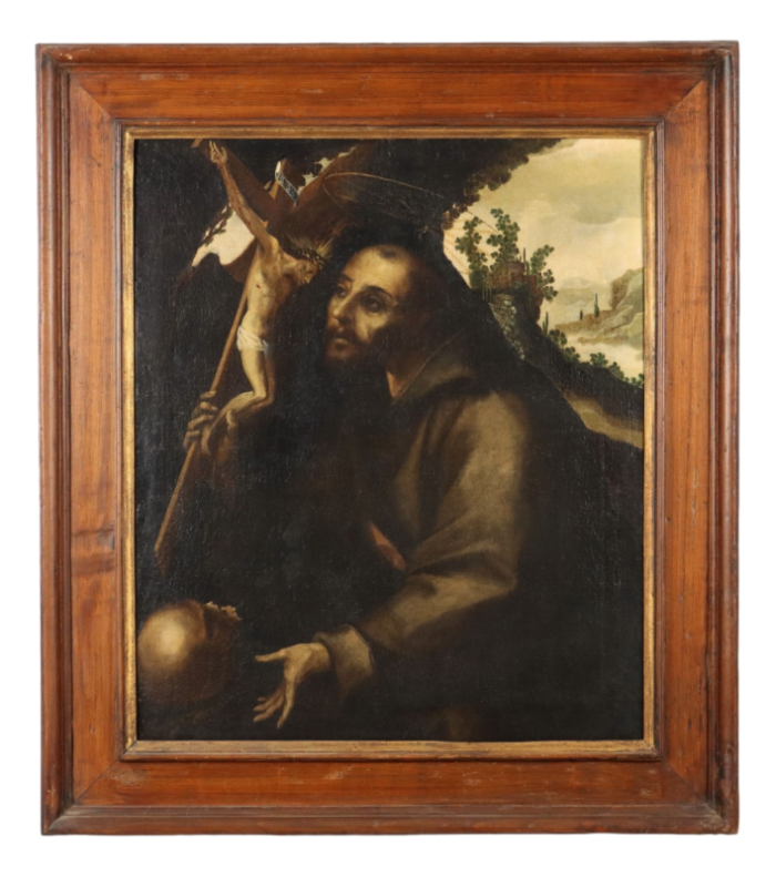 saint francis in prayer oil on canvas 1800s framed 6292