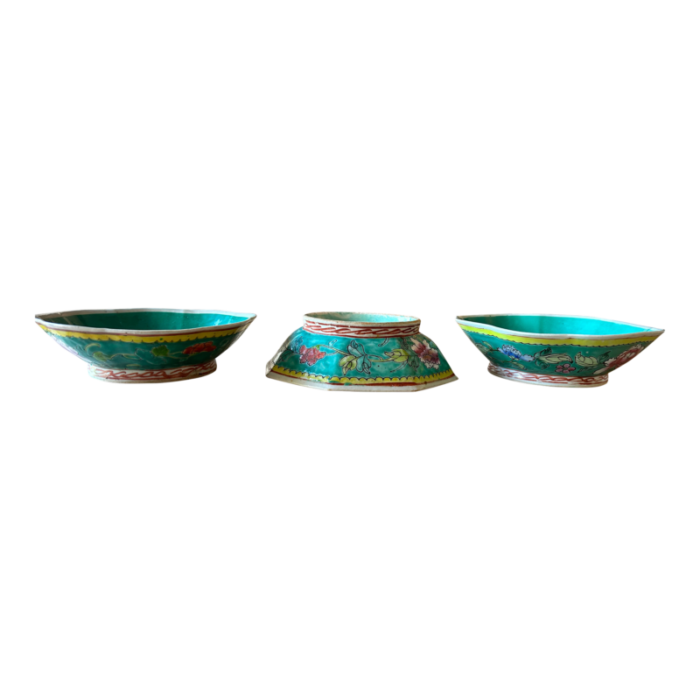 set of 3 antique chinese rose famille footed rice soup bowls 1971