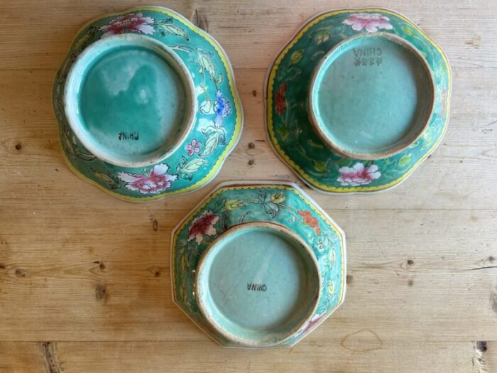 set of 3 antique chinese rose famille footed rice soup bowls 5479