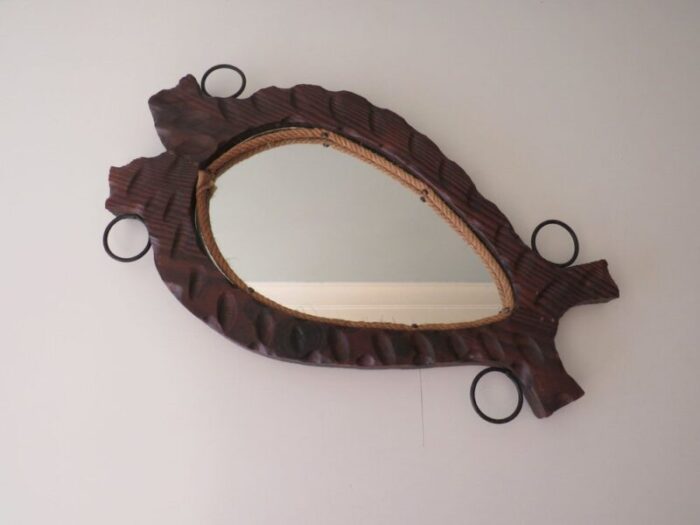 spanish brutalist mirror with dark wood frame 1960s 2