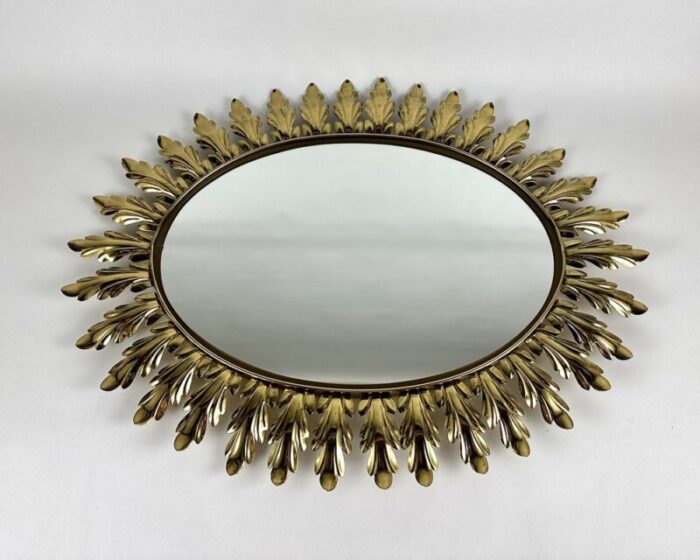 sunburst wall mirror in acanthus leaf metal frame belgium 1970s 1