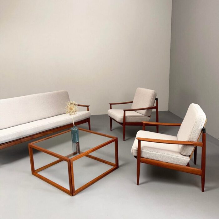 teak armchairs with rattan backrests and boucle covers by carl straub goldfeder germany 1960s set of 2 0309