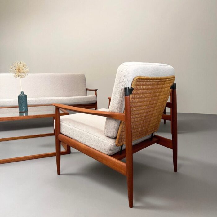 teak armchairs with rattan backrests and boucle covers by carl straub goldfeder germany 1960s set of 2 0800