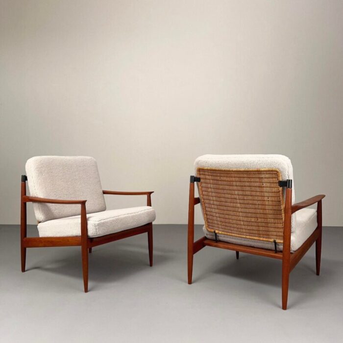 teak armchairs with rattan backrests and boucle covers by carl straub goldfeder germany 1960s set of 2 2037